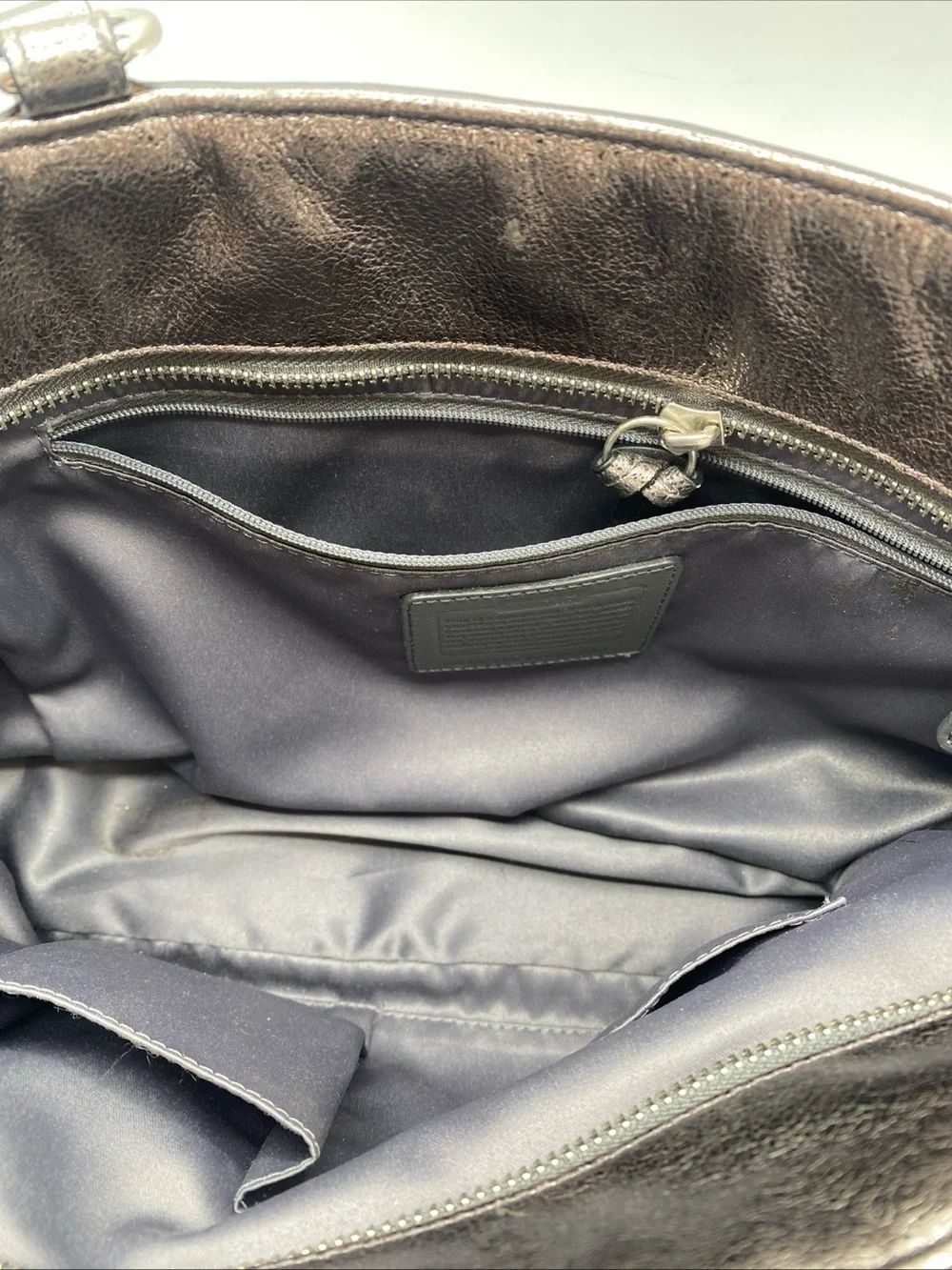 Y2K Coach Metallic Gray Leather Double Handles Zipper Closure Tote Shoulder Bag